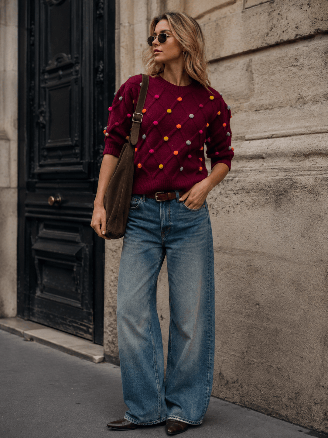 WOMEN'S SHORT SLEEVE POM POM DETAILED SWEATER BLOUSE
