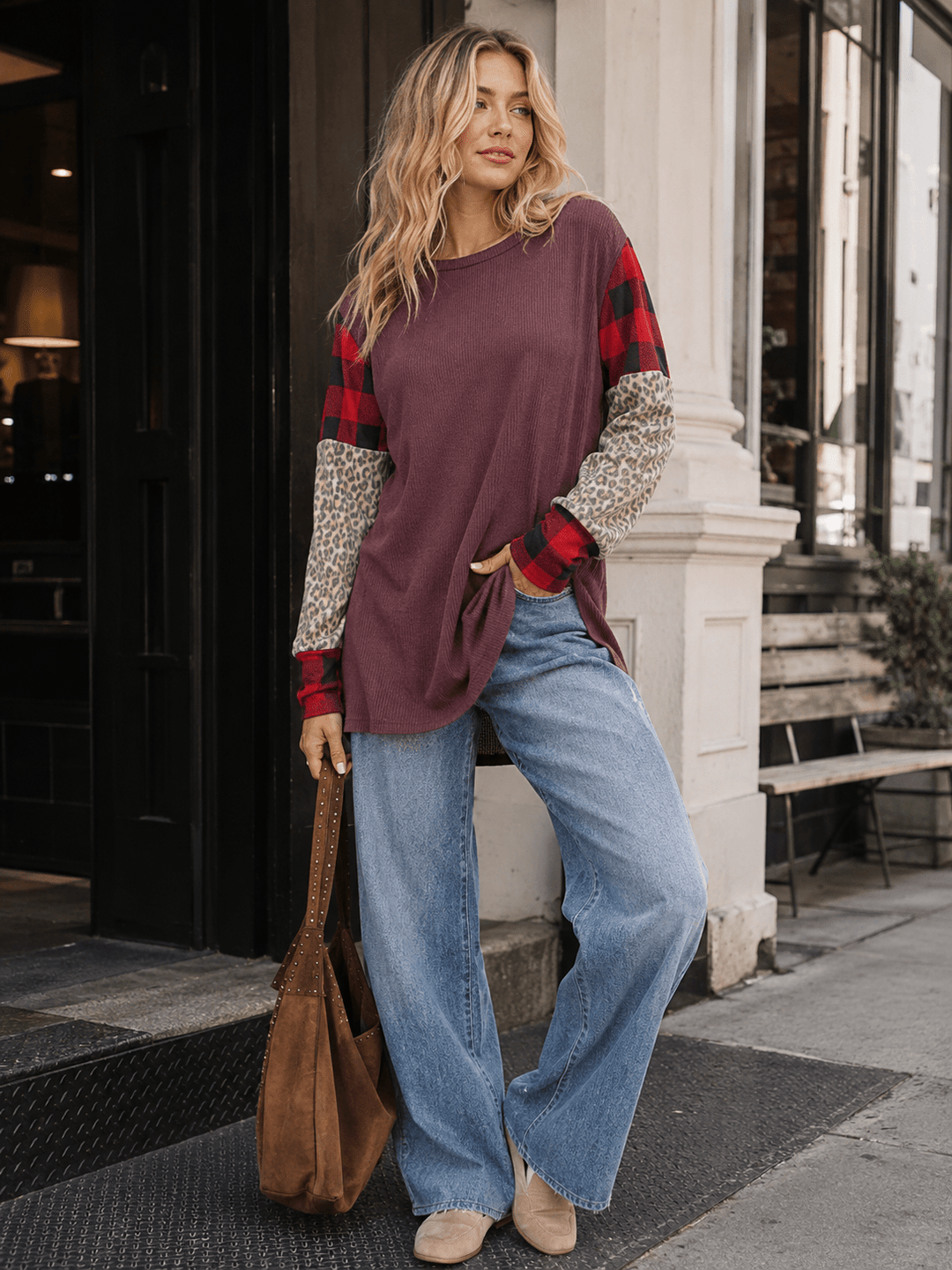 WOMEN'S LONG SLEEVE COLORBLOCK CONTRAST PRINT LOOSE FIT TOP