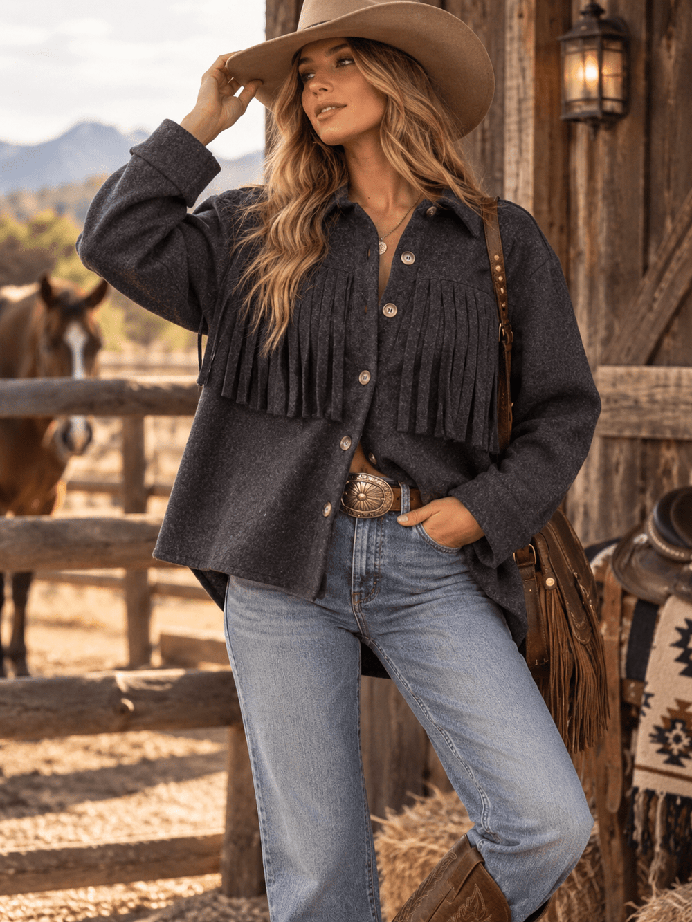 WOMEN'S LONG SLEEVE BUTTON CLOSURE FRINGE JACKETS