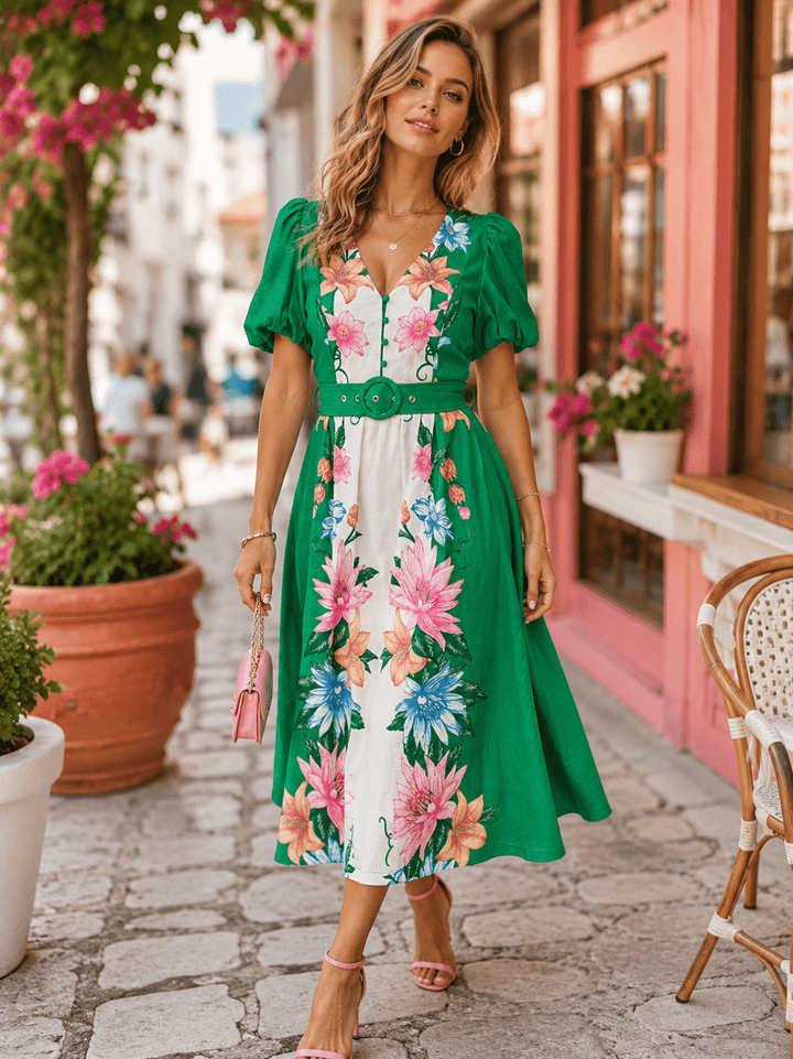 WOMEN'S SHORT PUFF SLEEVE BUTTON BELTED FLORAL PRINT MAXI DRESS