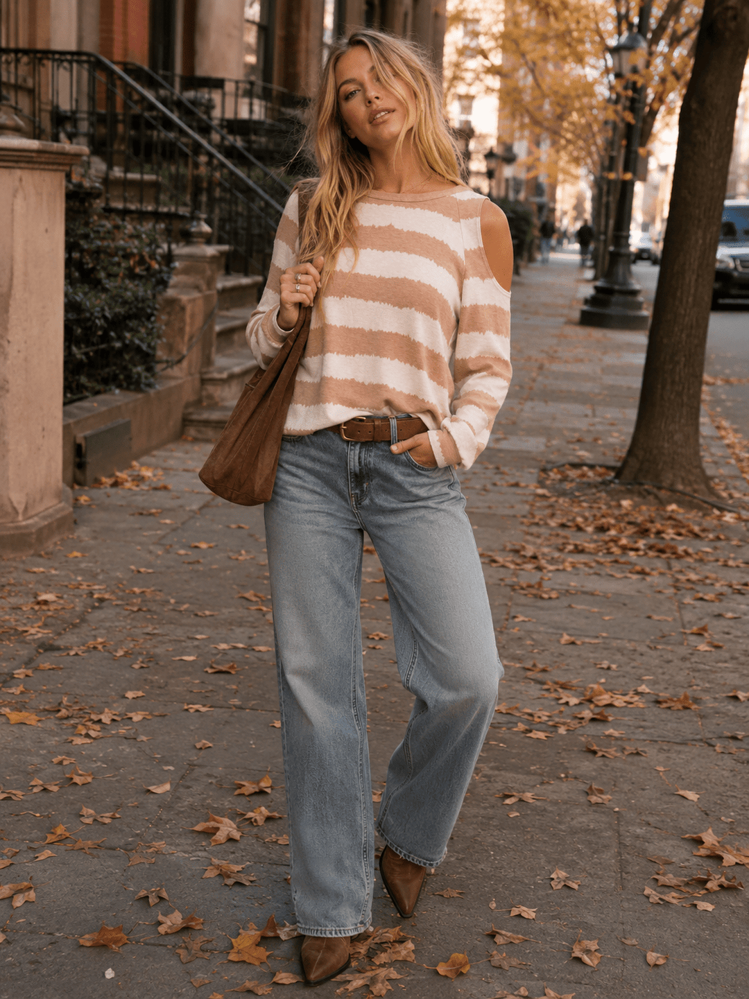 ENTRO WOMEN'S LONG SLEEVE COLD SHOULDER COLORBLOCK STRIPES TOP