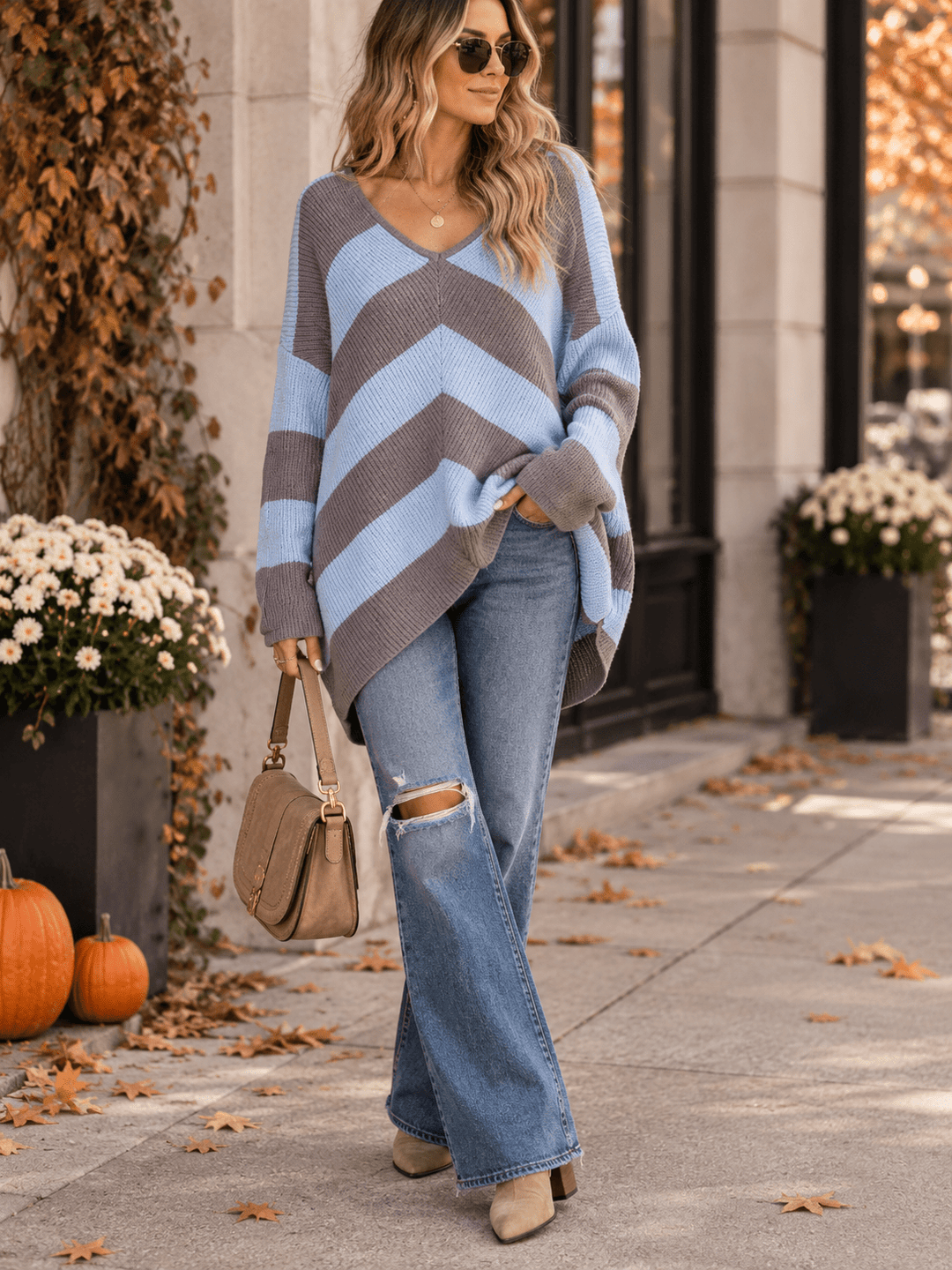 WOMEN'S LONG SLEEVE V-NECK KNIT COLORBLOCK PULLOVER HIGH-LOW SWEATER