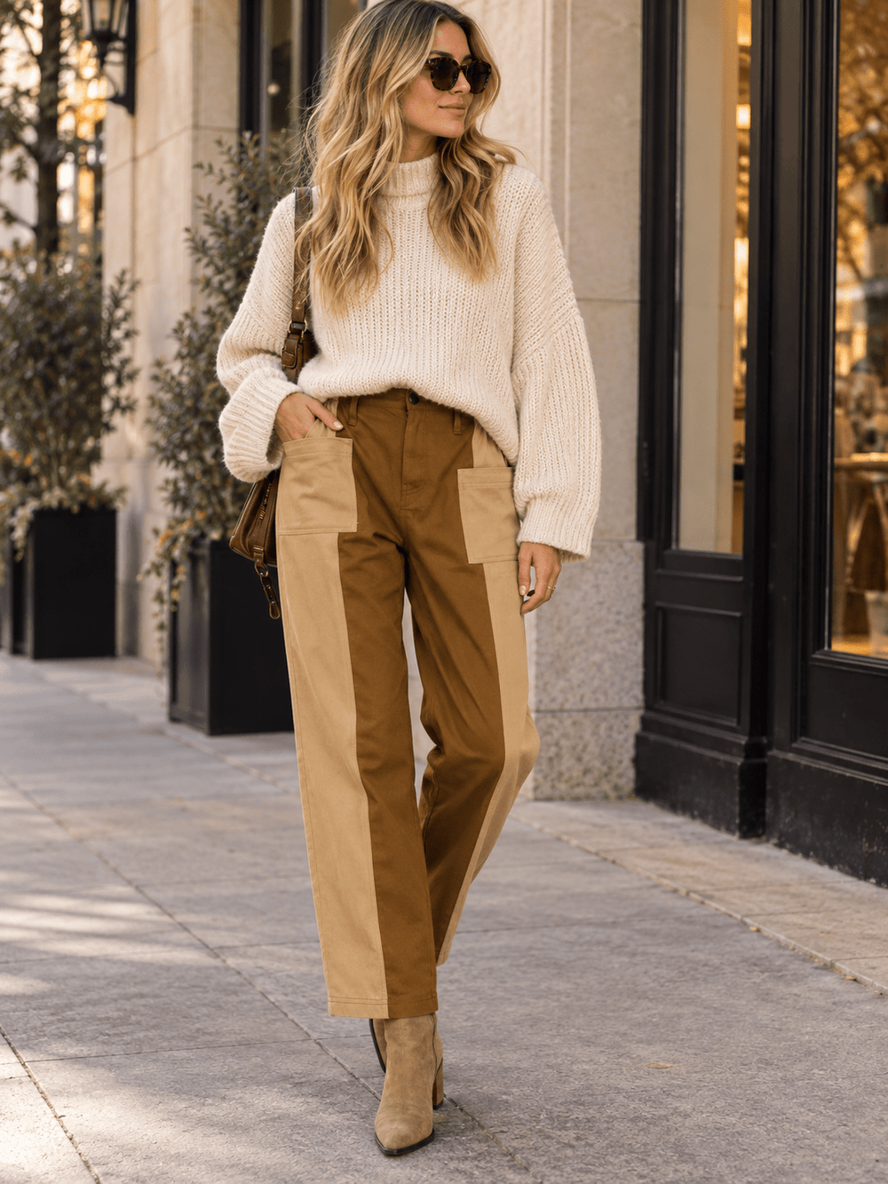 WOMEN'S ELASTIC WAIST BUTTON CLOSURE FRONT POCKETS STRAIGHT DENIM COLORBLOCK PANTS