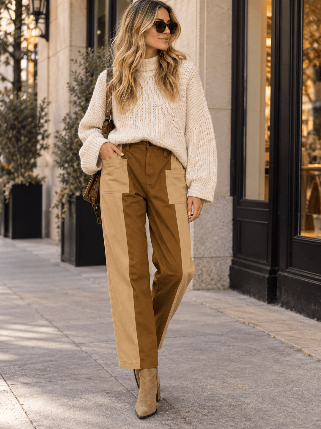 WOMEN'S ELASTIC WAIST BUTTON CLOSURE FRONT POCKETS STRAIGHT DENIM COLORBLOCK PANTS