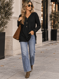 WOMEN'S LONG SLEEVE V-NECK BUTTON UP OVERSIZED TOP