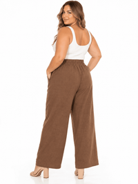 PLUS SIZE BUTTON CLOSURE ELASTIC EMBROIDERY WAIST FRONT POCKETS WIDE LEG PANTS