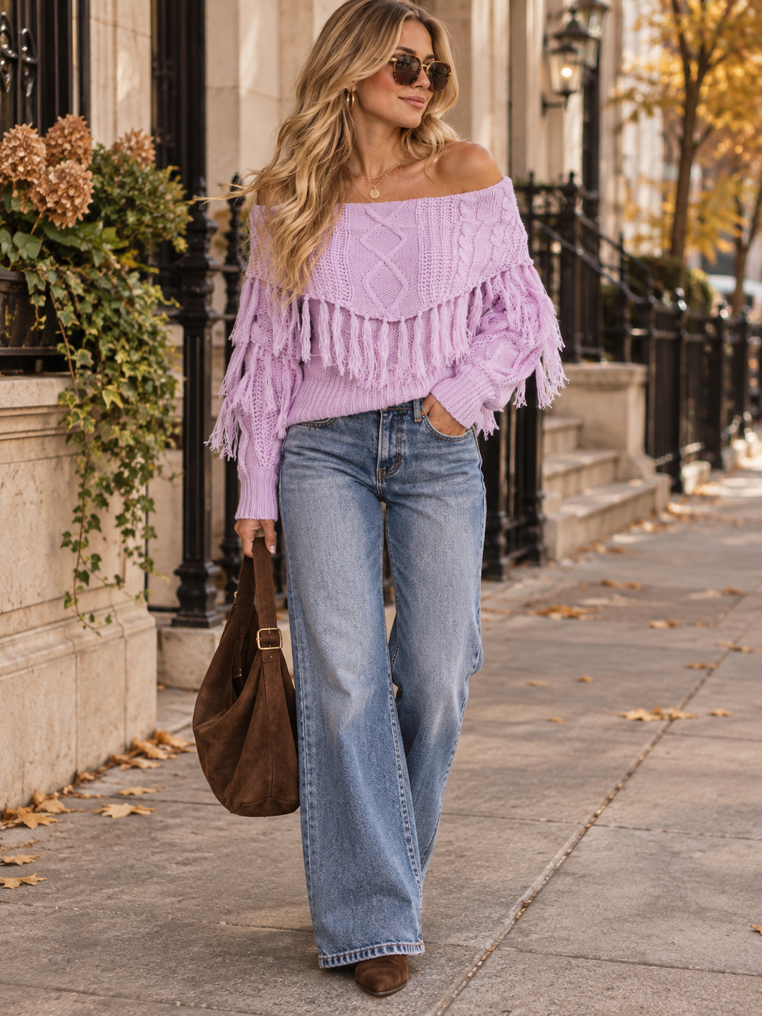 WOMEN'S LONG SLEEVE OFF SHOULDER KNIT FRINGE TOP