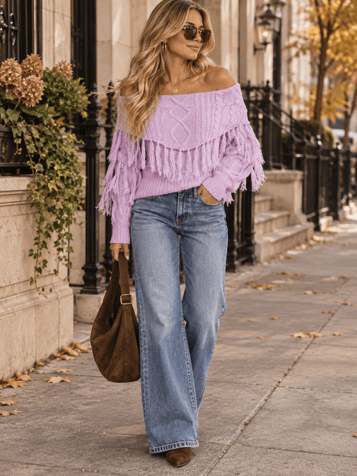 WOMEN'S LONG SLEEVE OFF SHOULDER KNIT FRINGE TOP