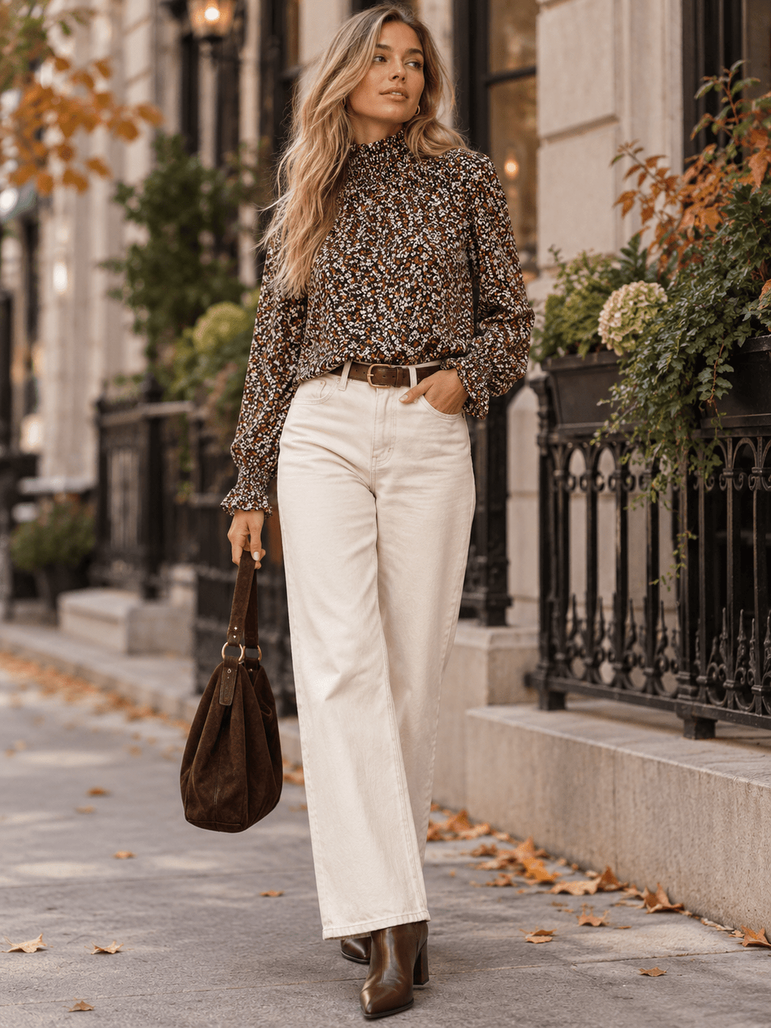 WOMEN'S LONG SLEEVE MOCK NECK FLORAL BLOUSE