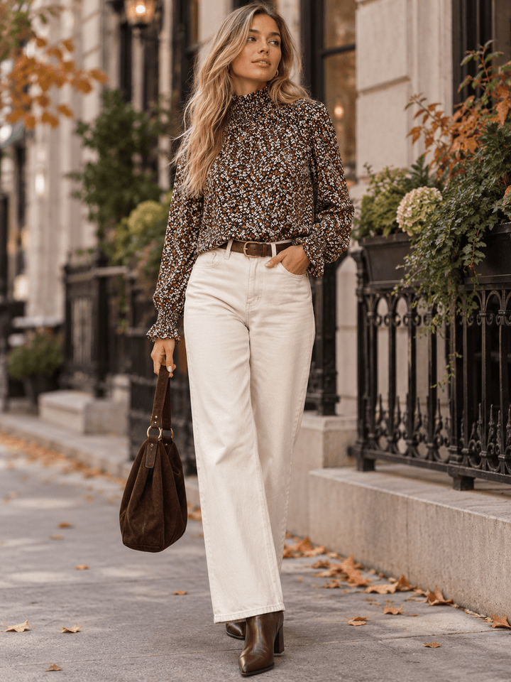 WOMEN'S LONG SLEEVE MOCK NECK FLORAL BLOUSE
