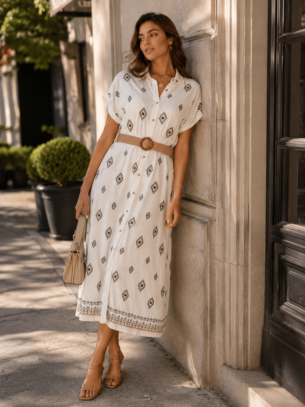WOMEN'S SHORT SLEEVES BUTTON UP BELTED STITCHED DETAILED LINEN MIDI DRESS