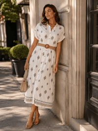 WOMEN'S SHORT SLEEVES BUTTON UP BELTED STITCHED DETAILED LINEN MIDI DRESS