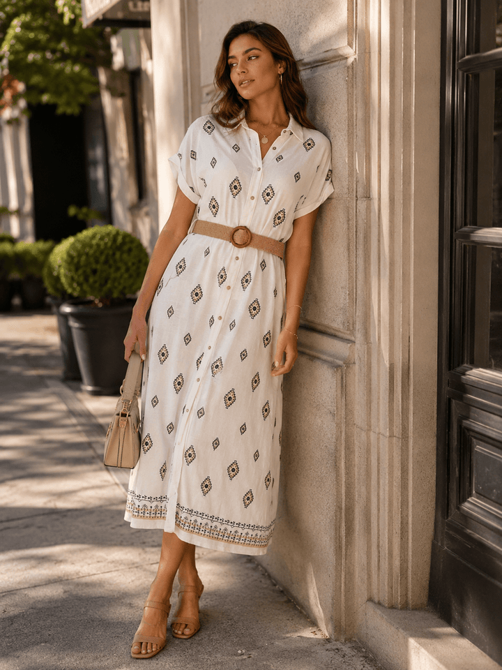 WOMEN'S SHORT SLEEVES BUTTON UP BELTED STITCHED DETAILED LINEN MIDI DRESS