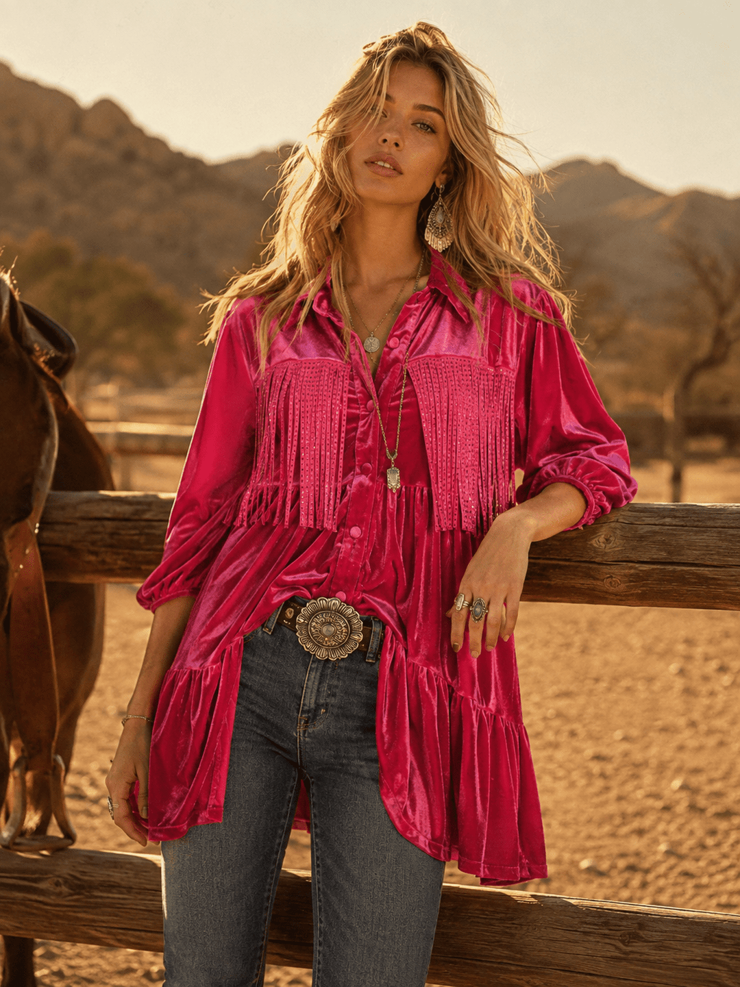 WOMEN'S 3/4 SLEEVE BUTTON UP FRINGE TIERED VELVET TUNIC TOP