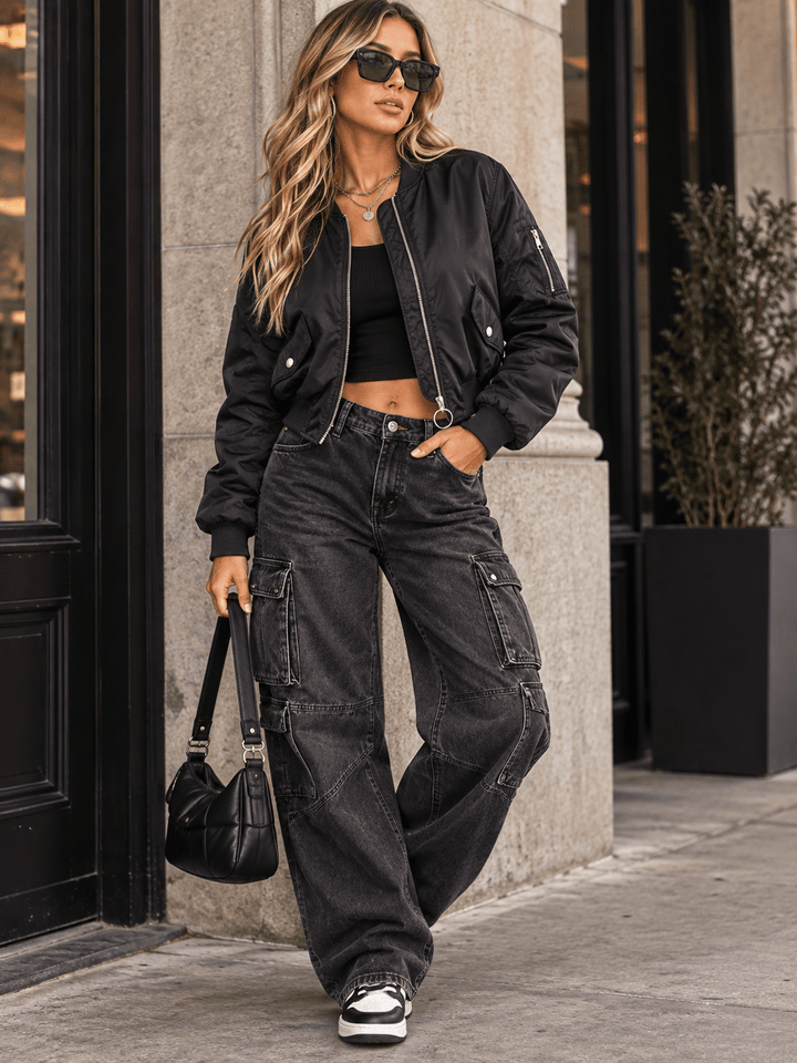 WOMEN'S LONG RUCHED SLEEVE ZIPPER CLOSURE POCKETS BOMBER JACKET