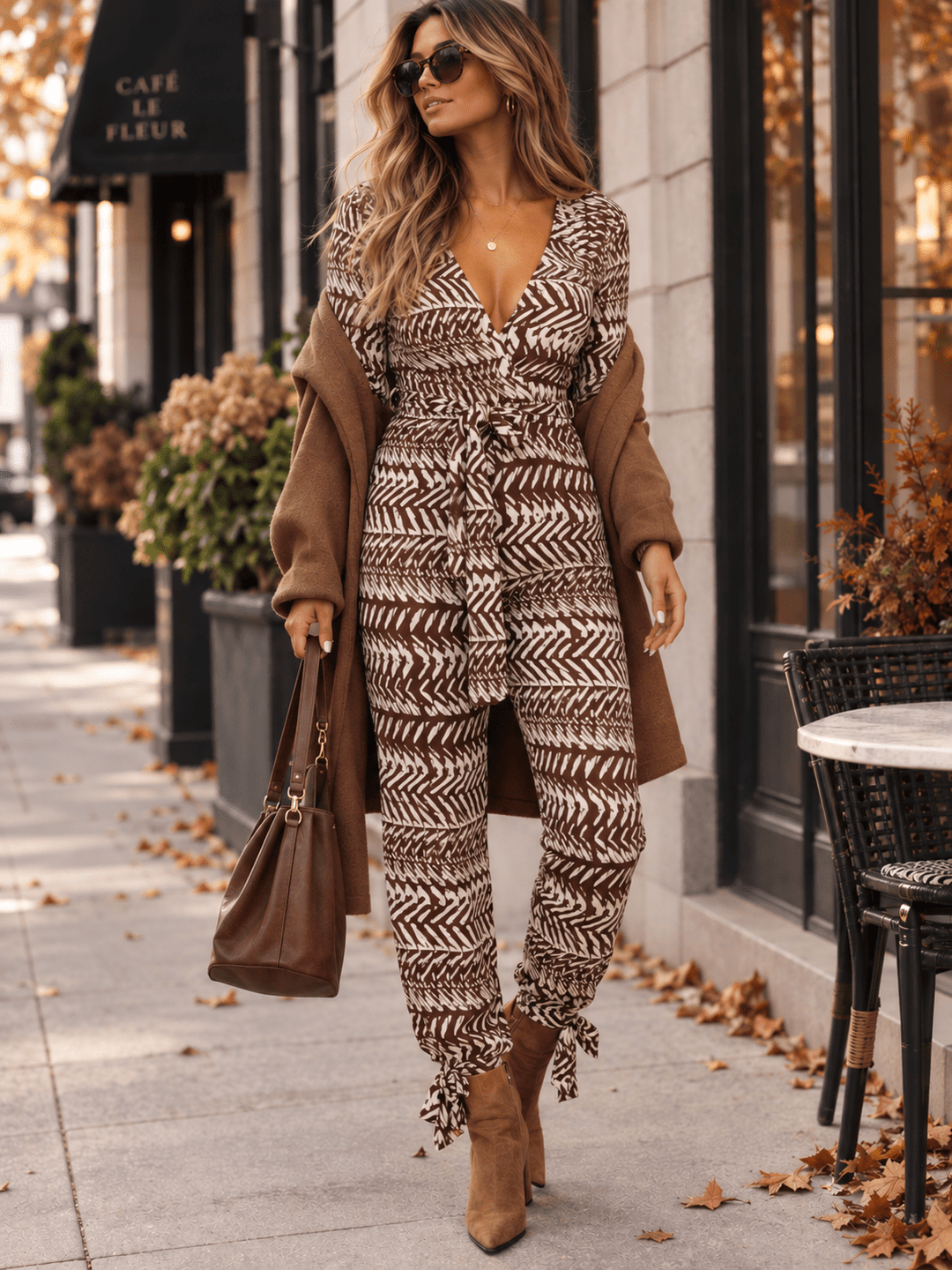 WOMEN'S LONG SLEEVE SURPLICE SELF TIE POCKETS PRINTED SKINNY LEG JUMPSUIT