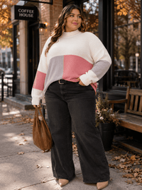 PLUS SIZE LONG SLEEVE MOCK NECK RIBBED COLORBLOCK PULLOVER SWEATER