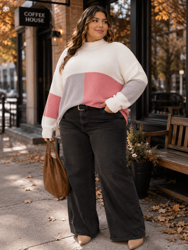 PLUS SIZE LONG SLEEVE MOCK NECK RIBBED COLORBLOCK PULLOVER SWEATER