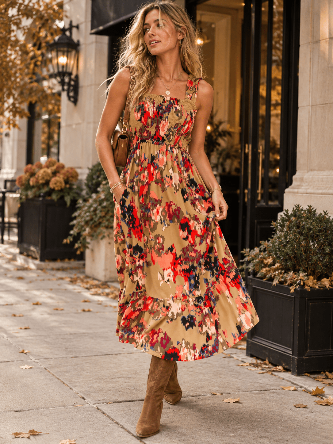ENTRO WOMEN'S SLEEVELESS SQUARE NECK POCKETS FLORAL PRINT MAXI DRESS