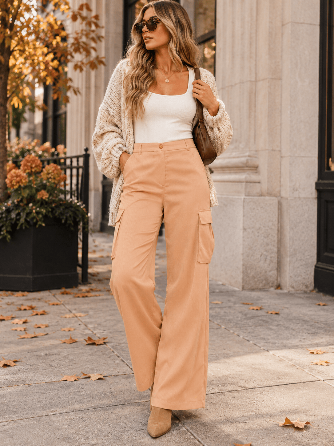 WOMEN'S BUTTON CLOSURE CARGO POCKETS WIDE LEG PANTS