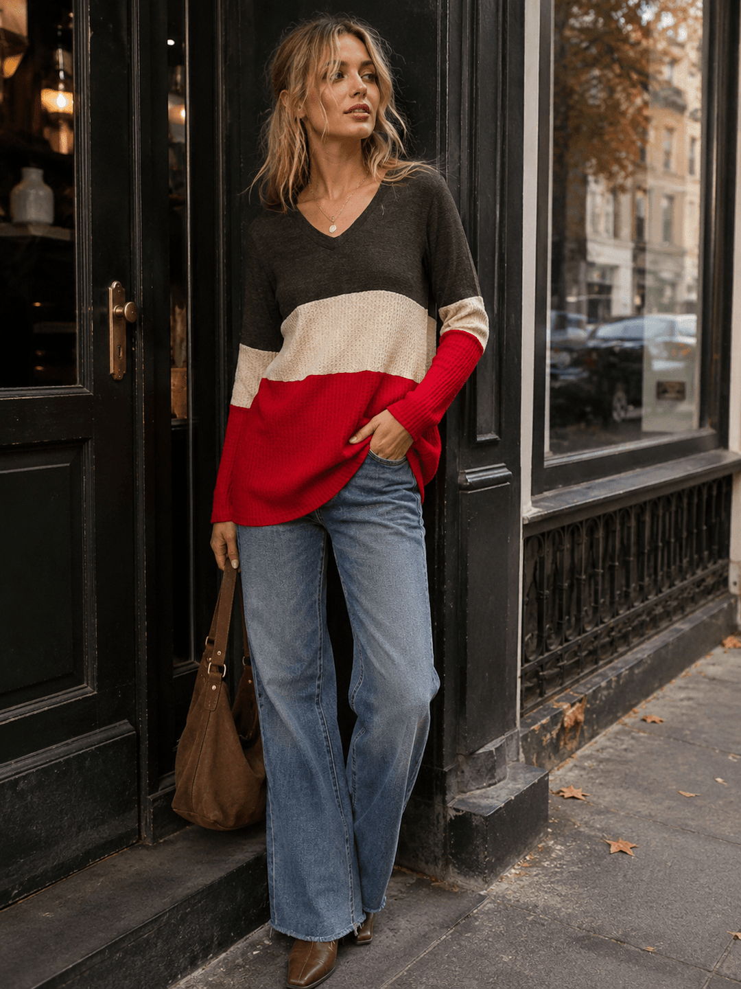 WOMEN'S LONG SLEEVE COLORBLOCK V-NECK LOOSE FIT TOP