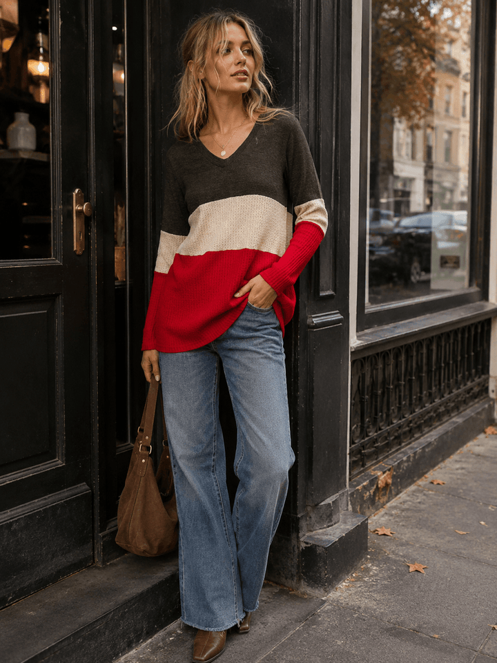 WOMEN'S LONG SLEEVE COLORBLOCK V-NECK LOOSE FIT TOP