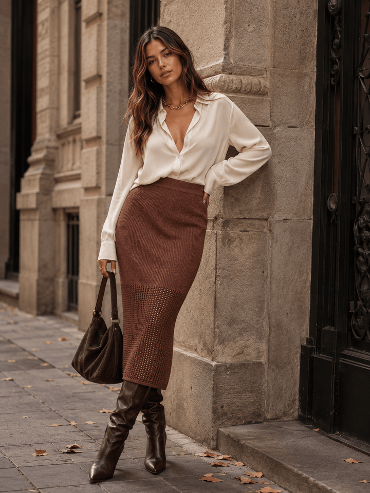 WOMEN'S ELASTIC WAIST SHIMMER KNIT MIDI SKIRT