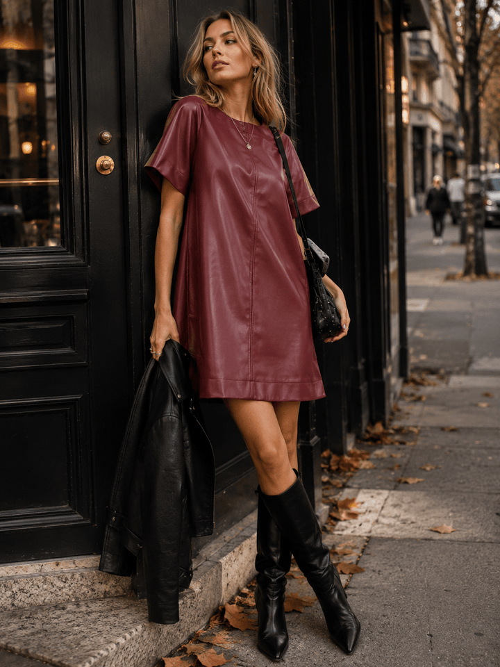WOMEN'S SHORT SLEEVE FRONT POCKETS LOOSE FIT PU PLEATHER MINI DRESS