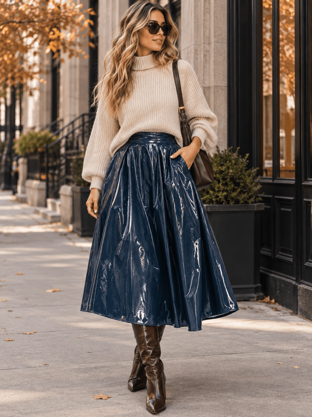 WOMEN'S ZIPPER CLOSURE FRONT POCKETS PU PLEATHER MIDI SKIRT