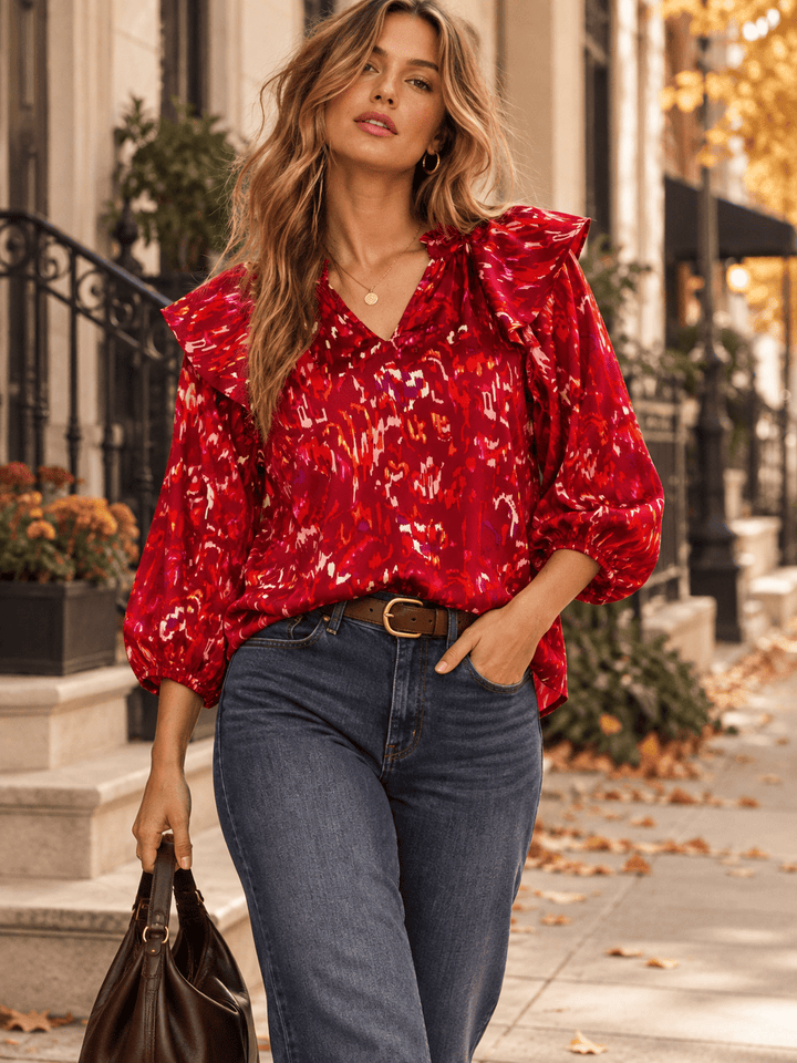 ENTRO WOMEN'S 3/4 SLEEVE V-NECK MULTI PRINT BLOUSE