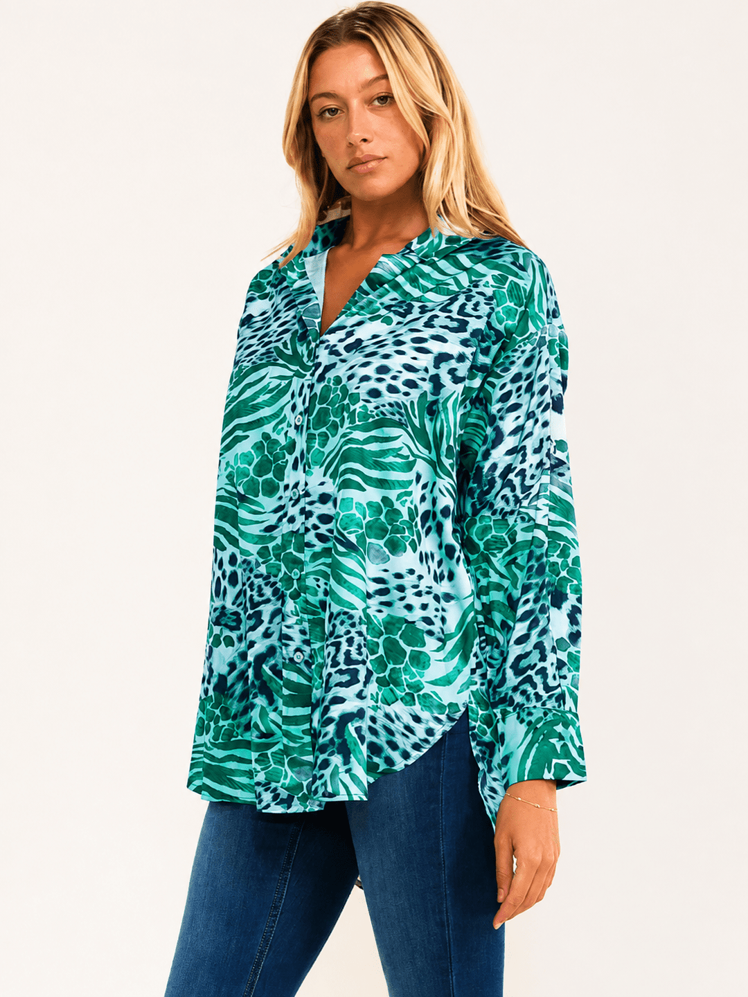WOMEN'S LONG SLEEVE BUTTON UP HIGH-LOW ANIMAL PRINT BLOUSE
