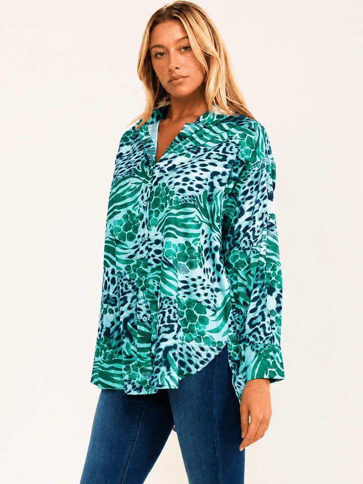 WOMEN'S LONG SLEEVE BUTTON UP HIGH-LOW ANIMAL PRINT BLOUSE