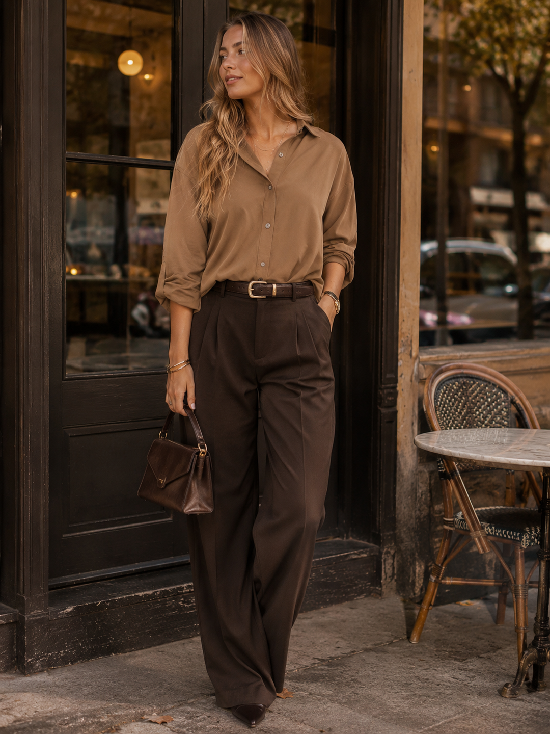 ENTRO WOMEN'S LONG SLEEVE BUTTON UP ELASTIC WAIST BLOUSE