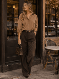 ENTRO WOMEN'S LONG SLEEVE BUTTON UP ELASTIC WAIST BLOUSE