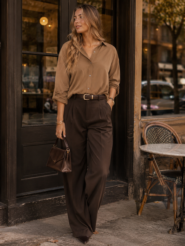 ENTRO WOMEN'S LONG SLEEVE BUTTON UP ELASTIC WAIST BLOUSE