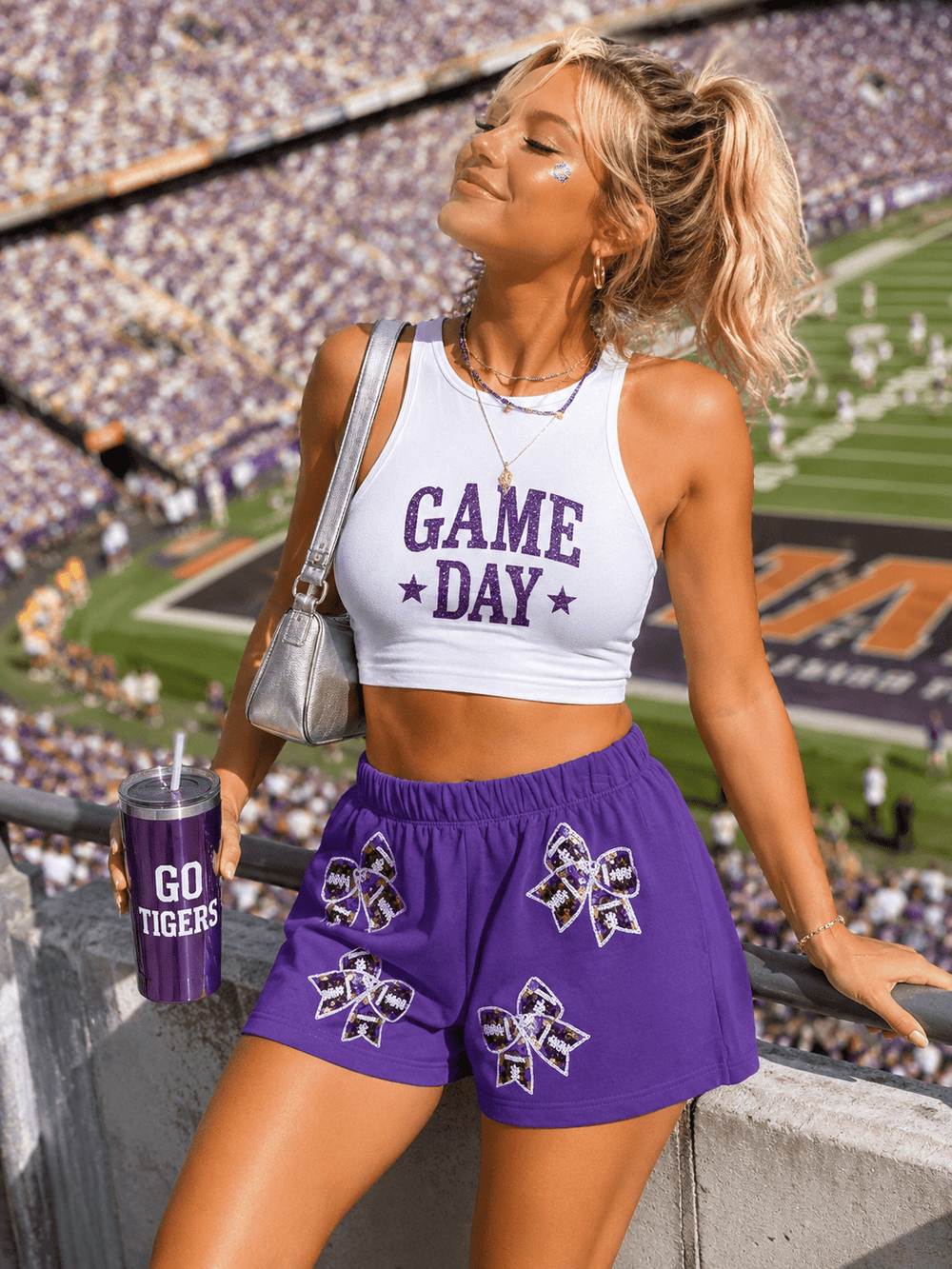 WOMEN'S ELASTIC WAIST FRONT POCKETS GAME DAY GRAPHIC MINI SHORTS