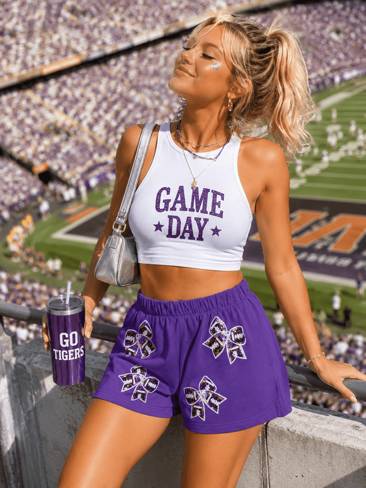 WOMEN'S ELASTIC WAIST FRONT POCKETS GAME DAY GRAPHIC MINI SHORTS