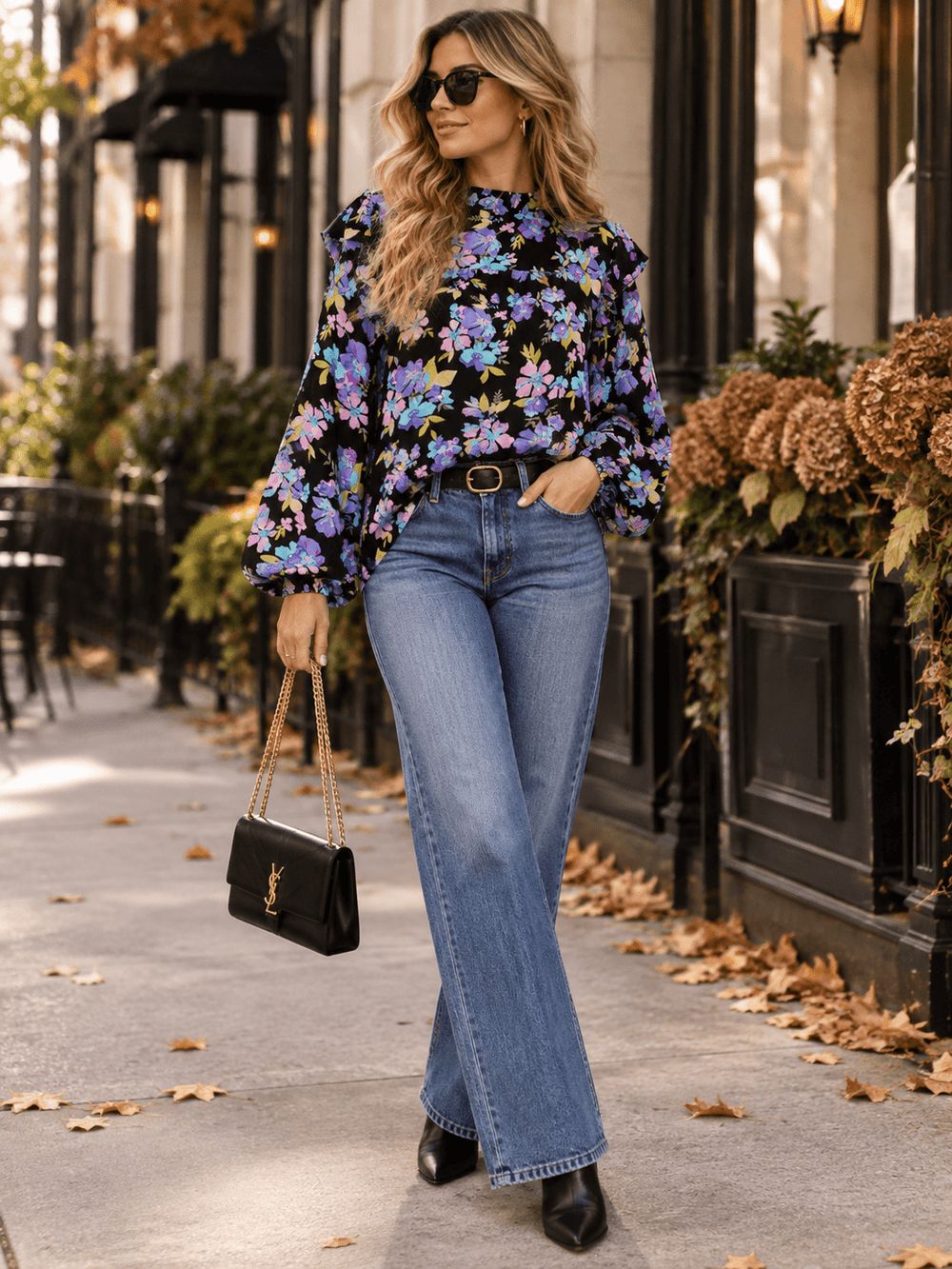 WOMEN'S LONG SLEEVE RUFFLE FLORAL BLOUSE