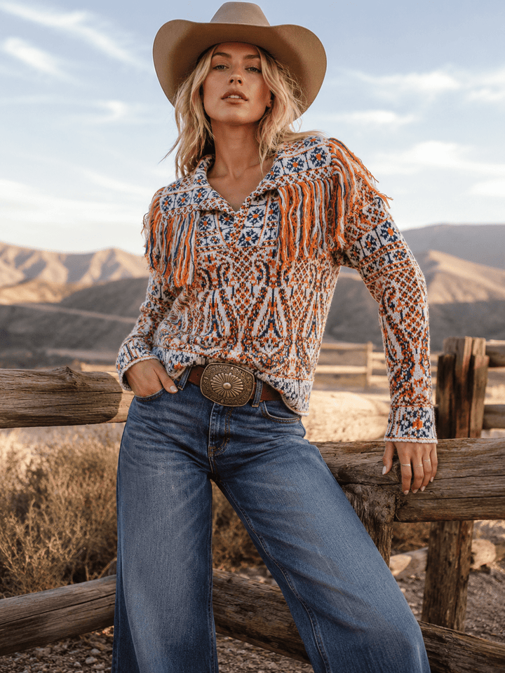 WOMEN'S LONG SLEEVE V-NECK MULTI FRINGE PULLOVER SWEATER
