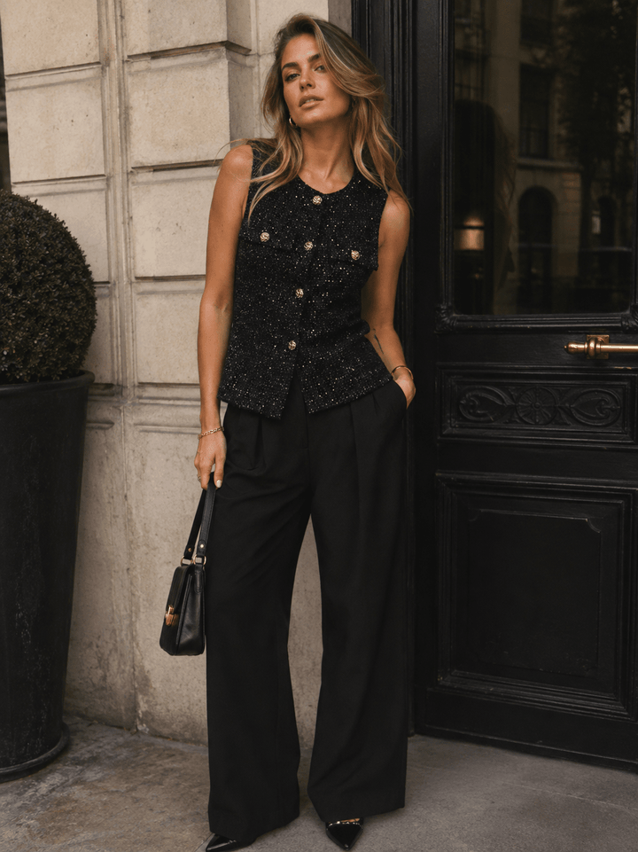 WOMEN'S SLEEVELESS BUTTON UP SEQUINS TOP