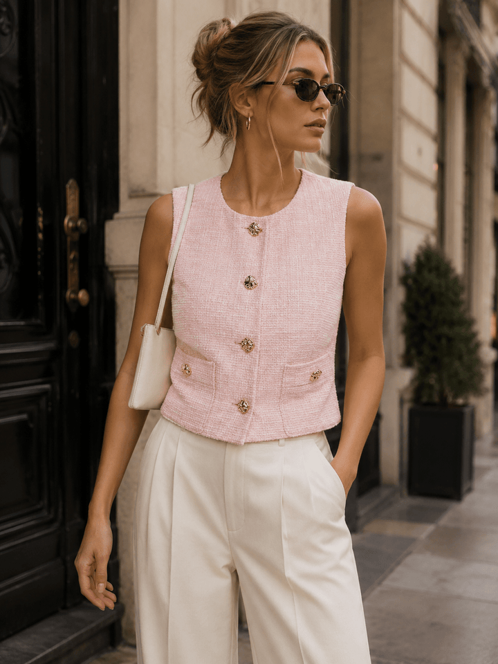 WOMEN'S SLEEVELESS BUTTON UP FRONT POCKETS TOP