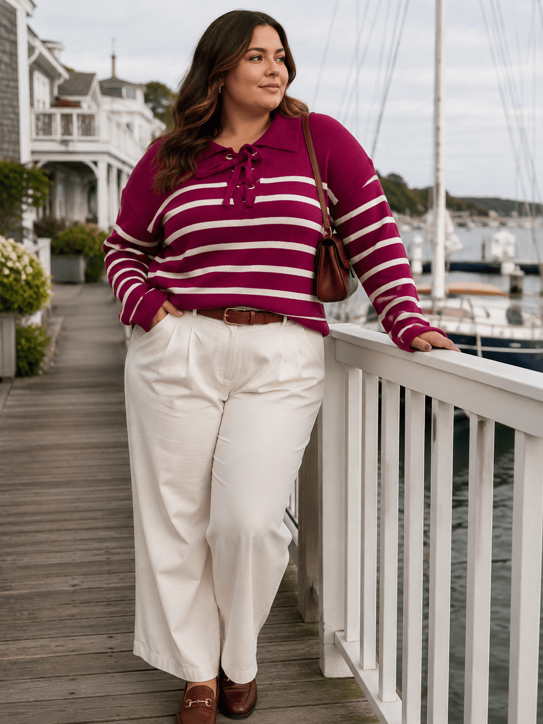 PLUS SIZE LONG SLEEVE V-NECK LACE UP COLORBLOCK STRIPES PULLOVER SWEATER