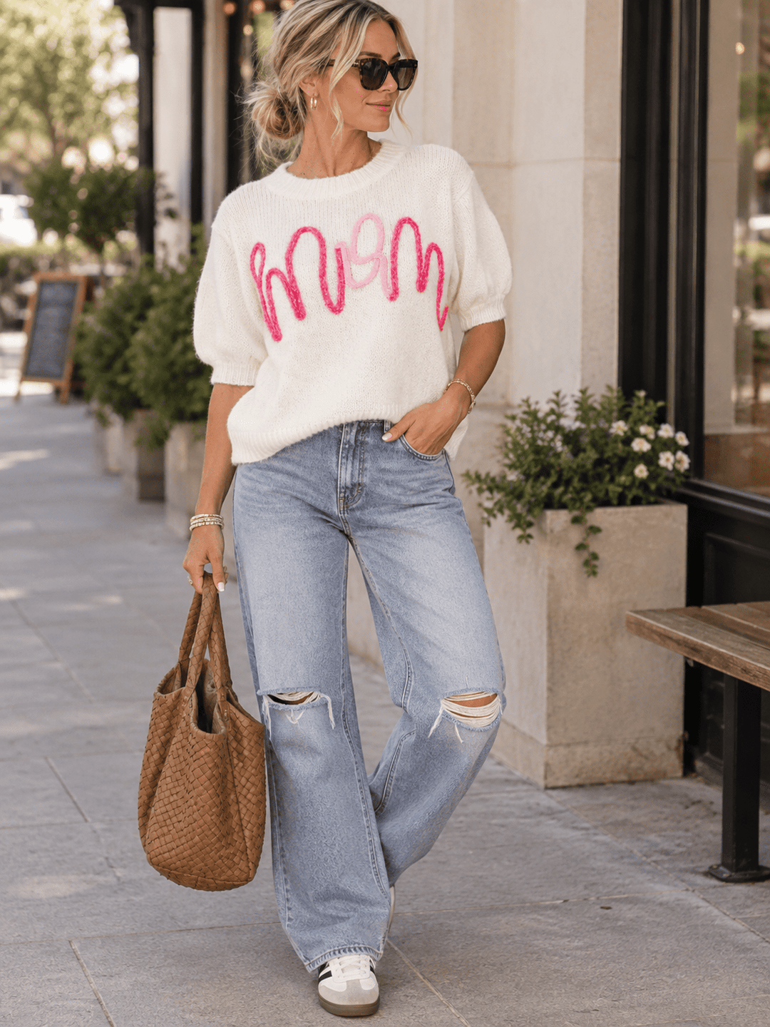 WOMEN'S SHORT SLEEVE MOM SWEATER TOP