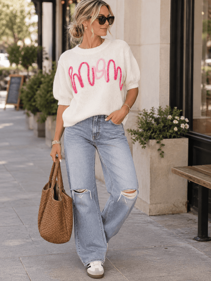 WOMEN'S SHORT SLEEVE MOM SWEATER TOP