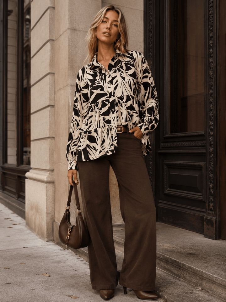 ENTRO WOMEN'S LONG SLEEVE V-NECK BUTTON UP TIERED MULTI PRINT BLOUSE