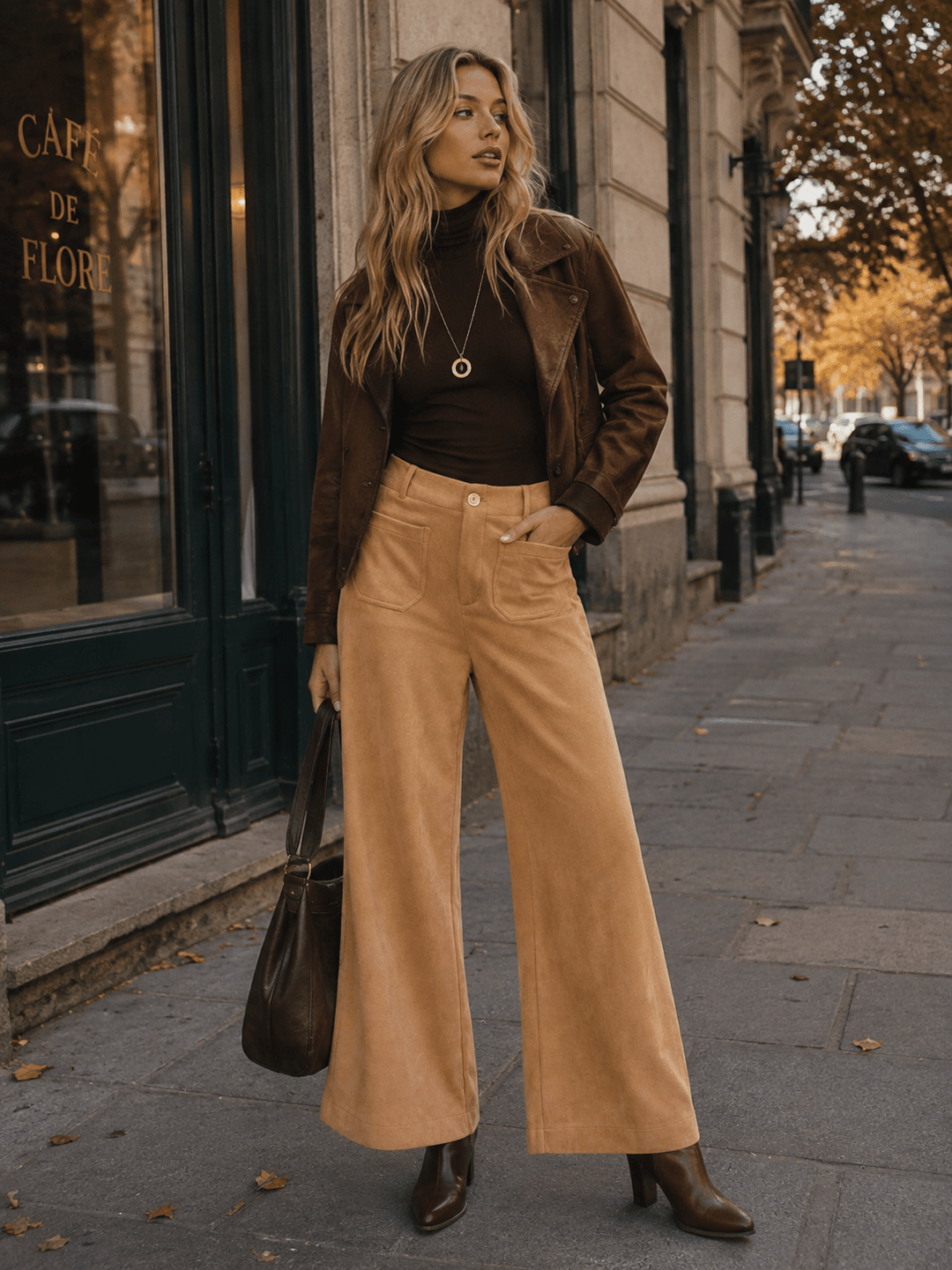 WOMEN'S BUTTON CLOSURE POCKETS WIDE LEG SUEDE PANTS