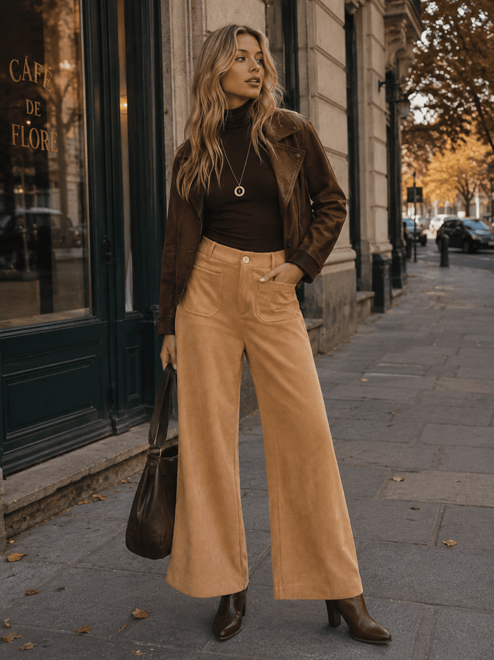 WOMEN'S BUTTON CLOSURE POCKETS WIDE LEG SUEDE PANTS