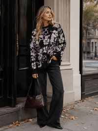 WOMEN'S LONG SLEEVE FLORAL PRINT PULLOVER SWEATER