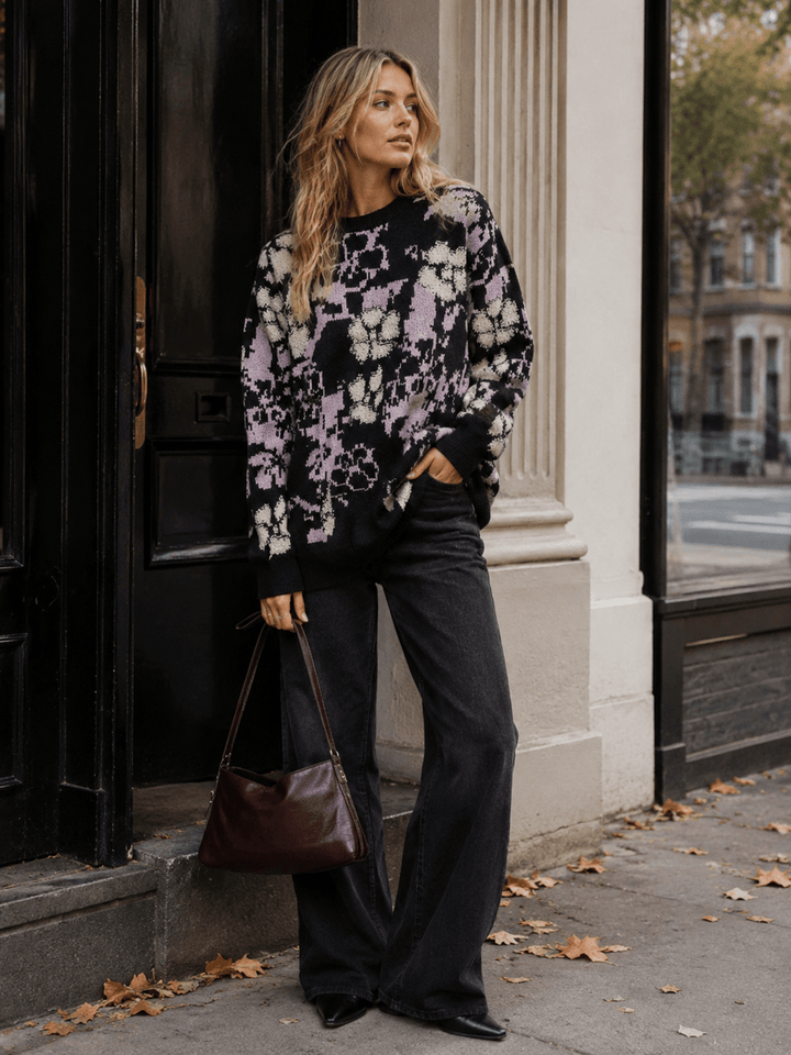 WOMEN'S LONG SLEEVE FLORAL PRINT PULLOVER SWEATER