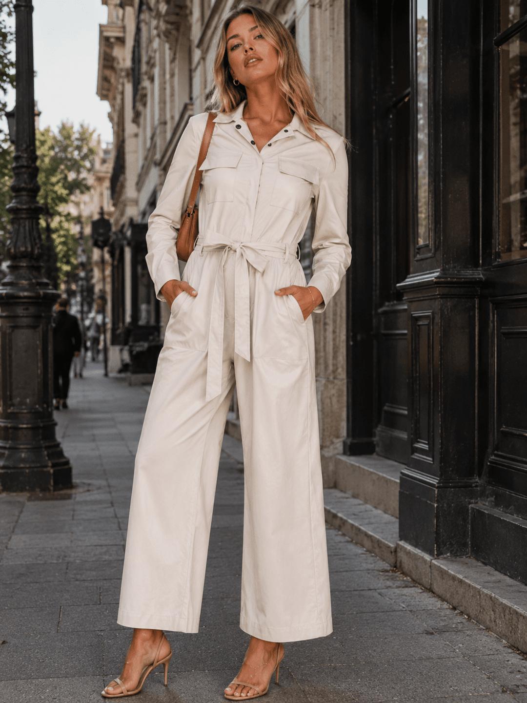 WOMEN'S LONG SLEEVE BUTTON UP SELF TIE POCKETS STRAIGHT LEG PU PLEATHER JUMPSUIT